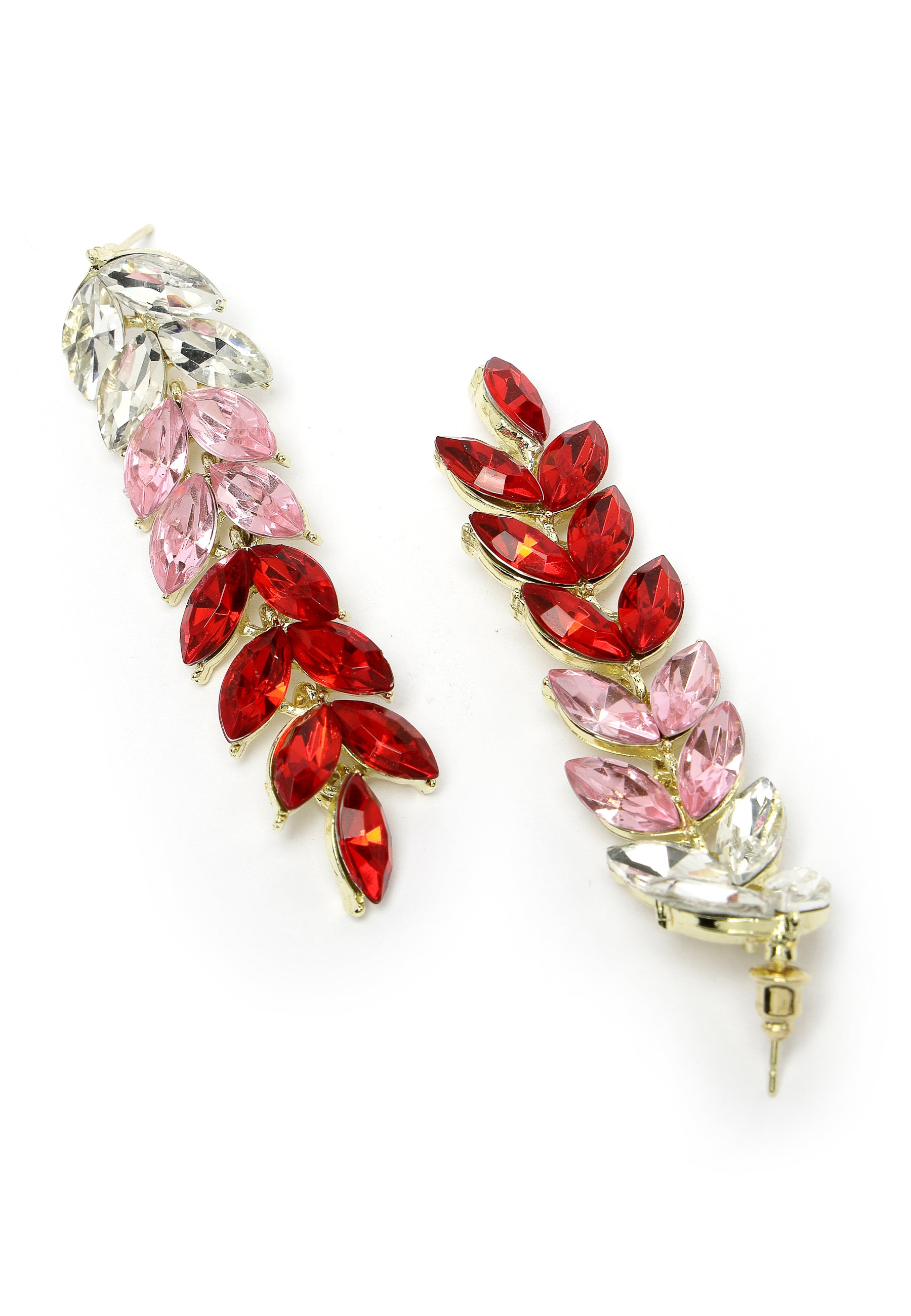 Long Drop Earrings With Sparkling Red Leaves