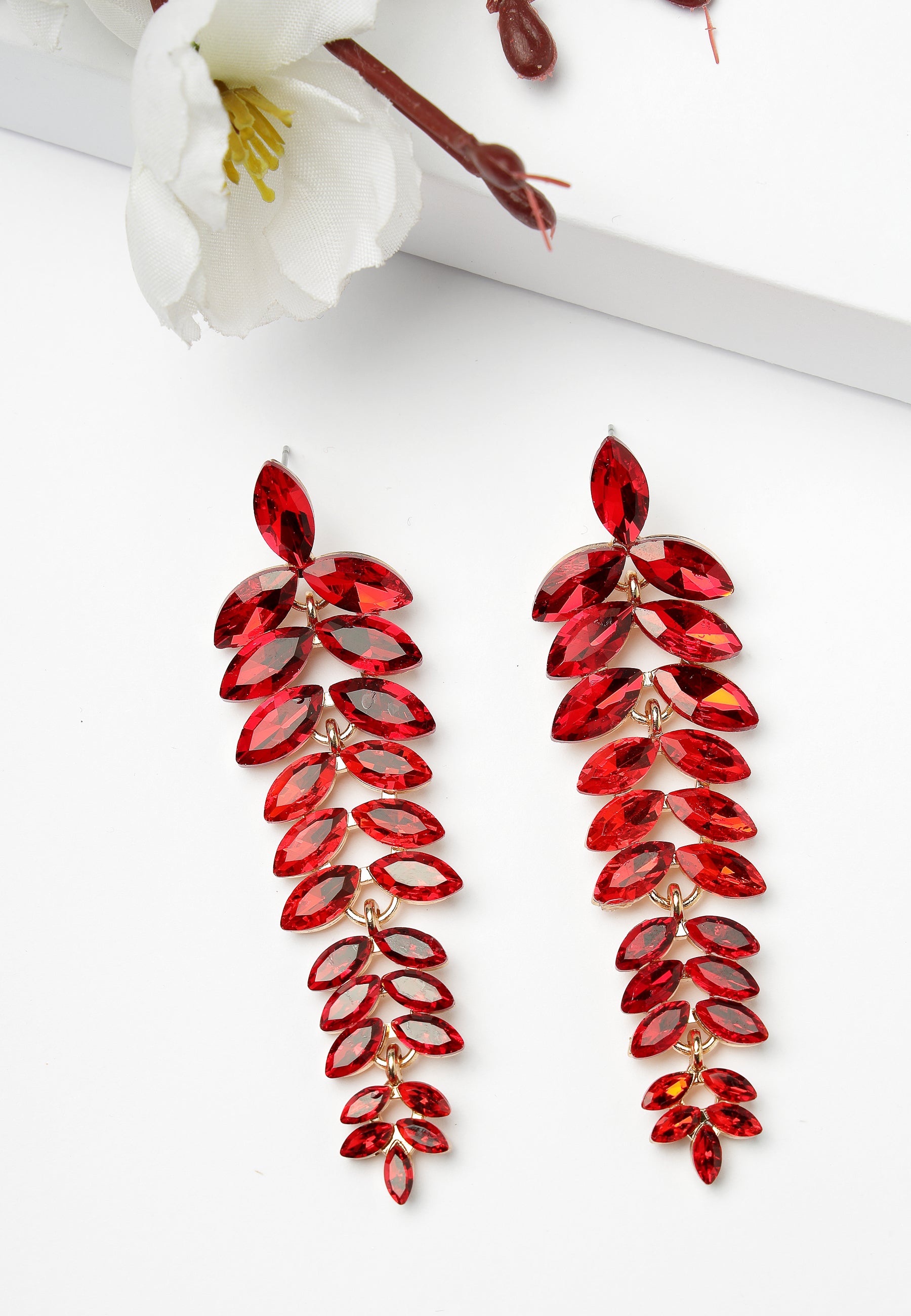 Red Cascading Leaf-Shaped Drop Earrings