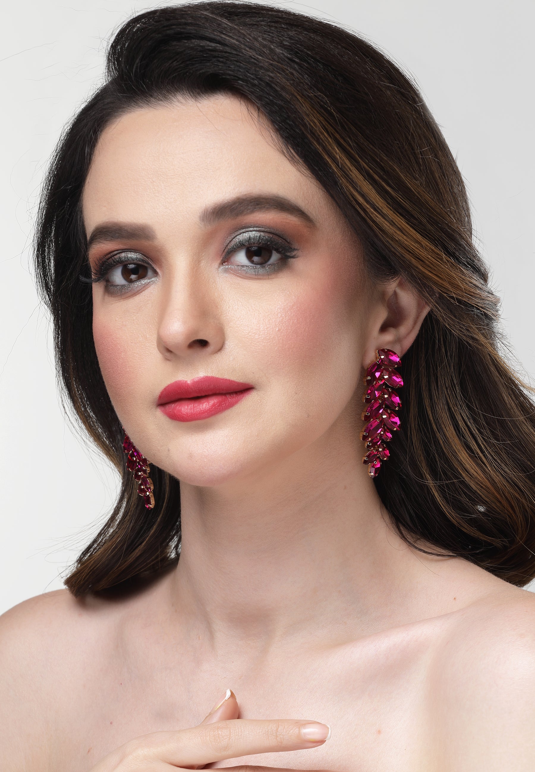 Dark Pink Leaf-Shaped Drop Earrings