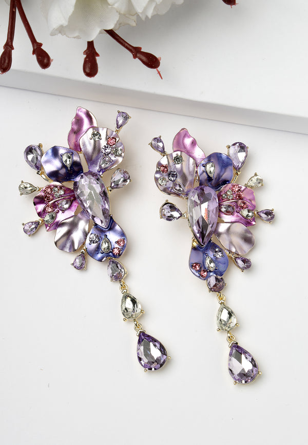 Purple Flower Cluster Drop Earrings