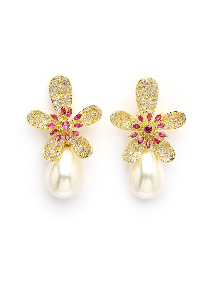 Boucles D'oreilles Clous Florales Étincelantes Avec Goutte De Perle