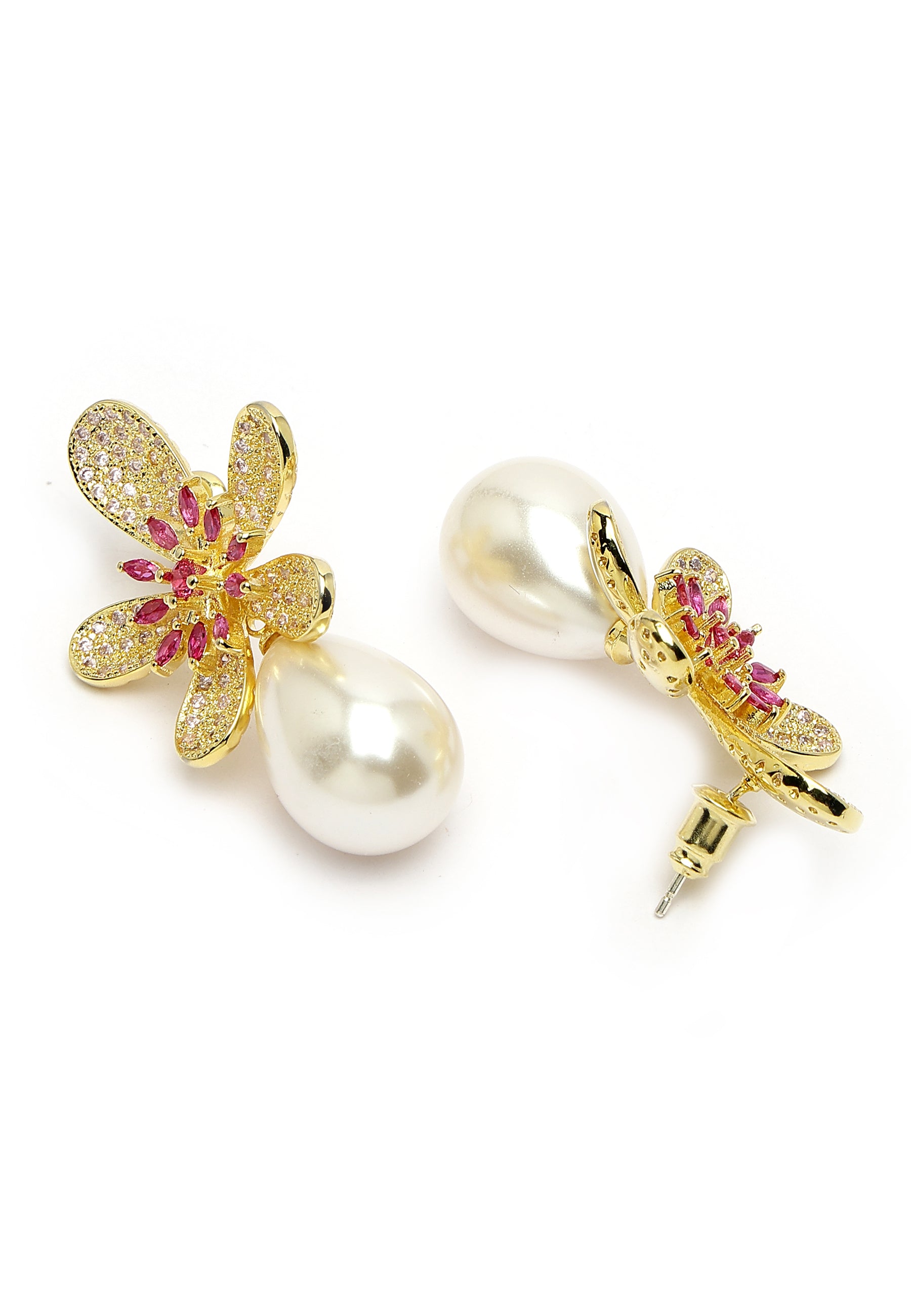 Sparkling Floral Stud Earrings With Pearl Drop