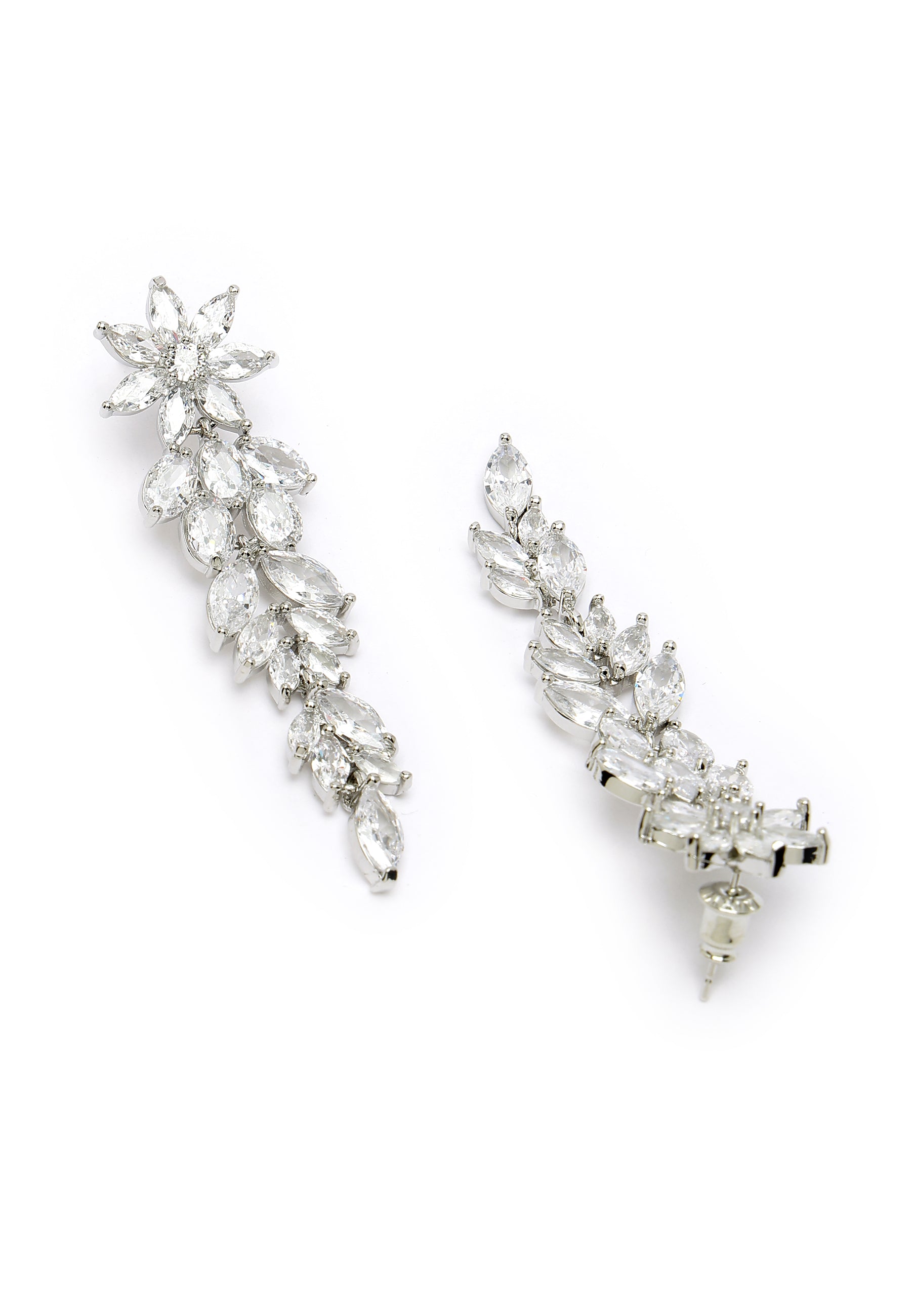 Long Floral Zirconia Dangle Earrings