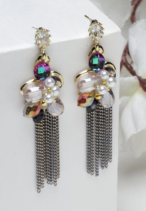 Multi-Coloured Crystal Long Chain Dangler Earrings