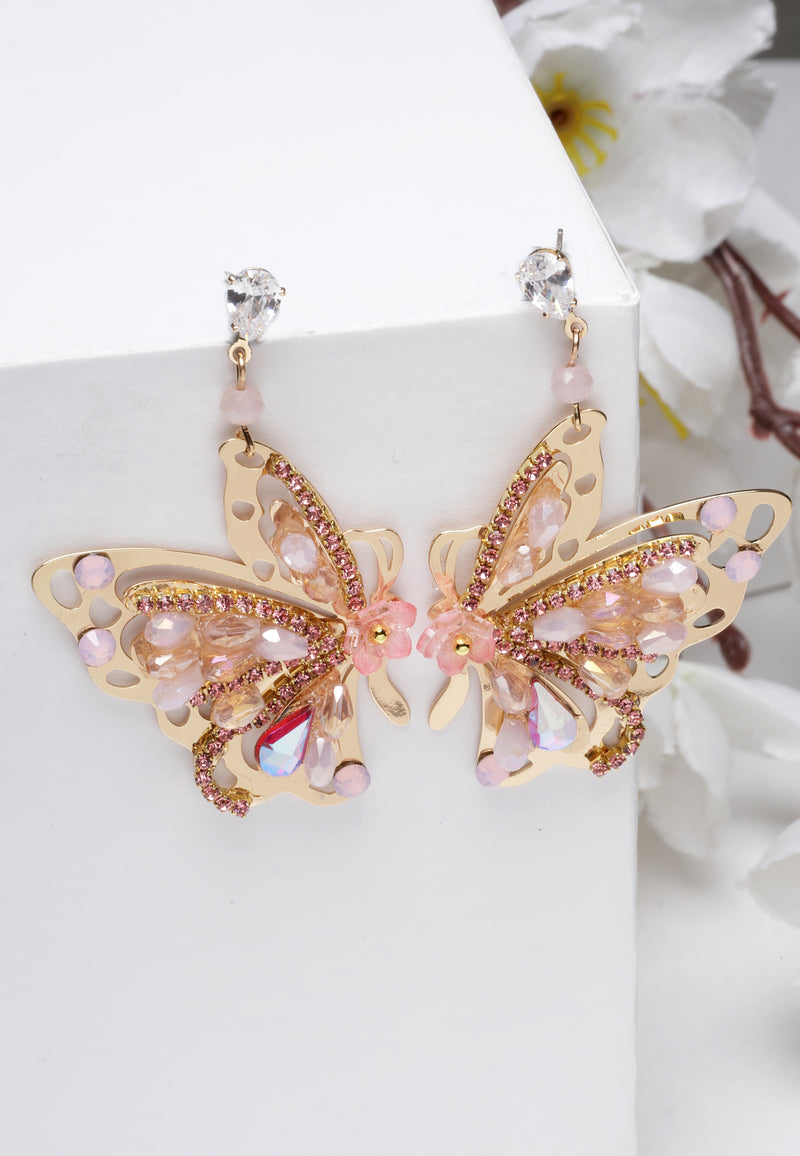 Boucles d'oreilles pendantes papillon rose