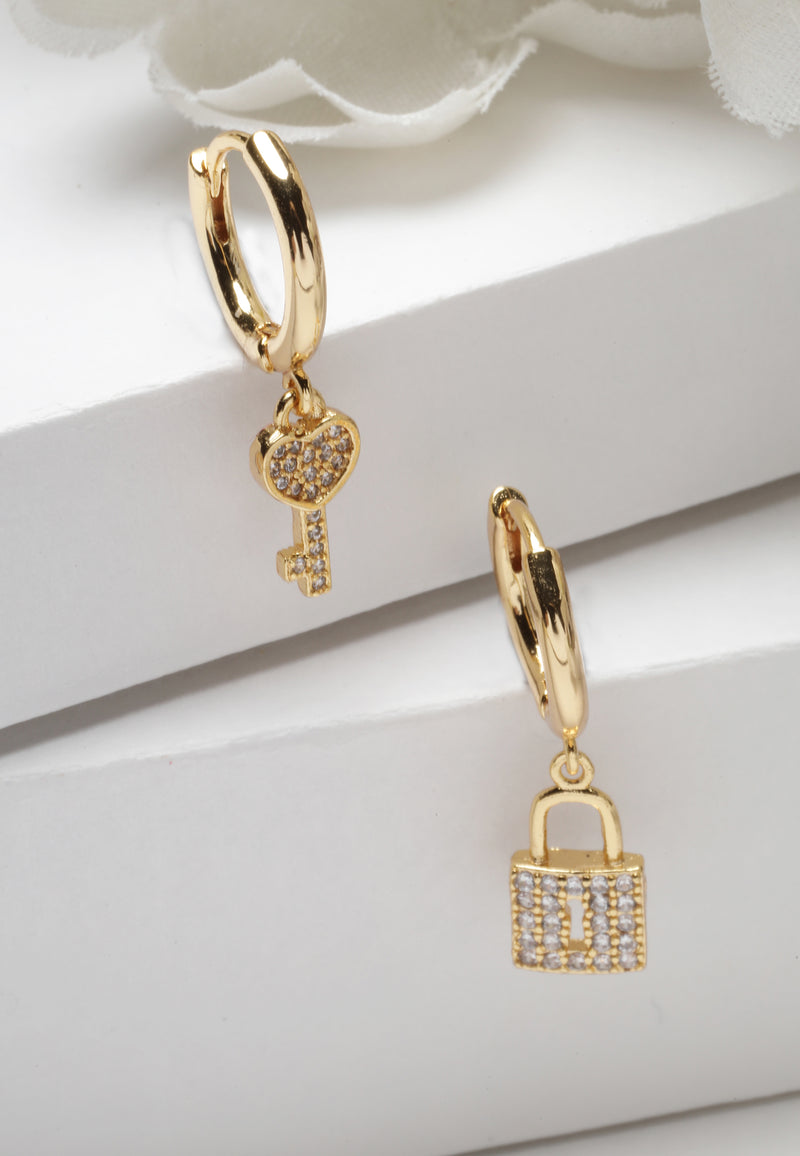 Gold-Plated Crystal Heart Key Drop Earrings
