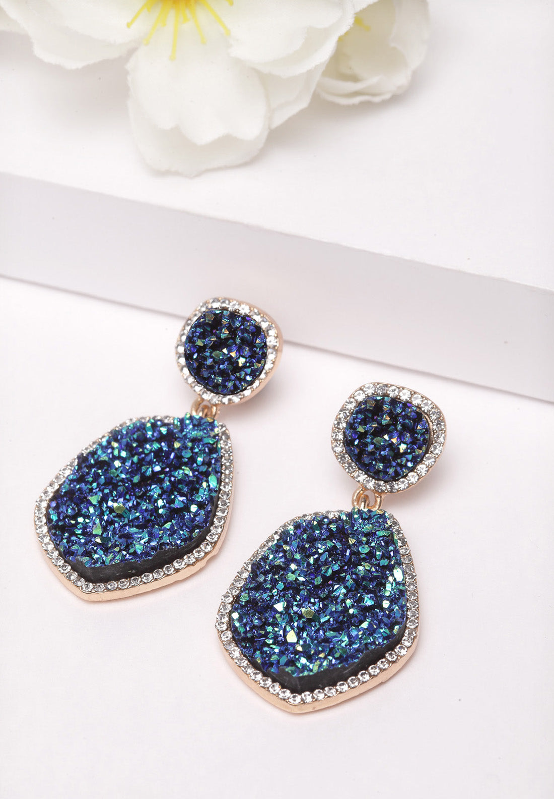 Blue Geometric Crystal Stone Earrings